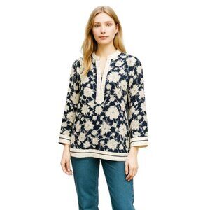 Tory Burch Size 0 Black White Floral Long Sleeve Split Neck Tunic Top